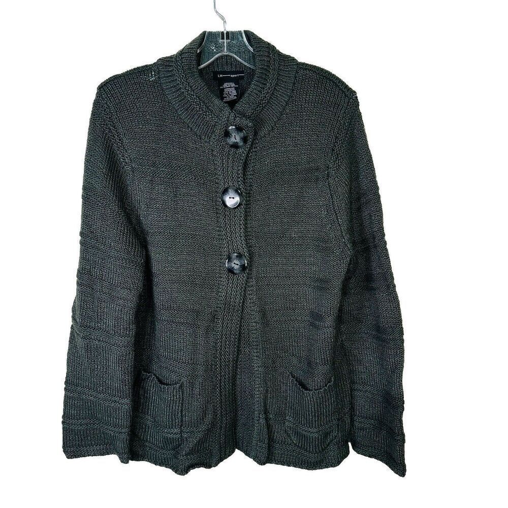 LH Sport Women's Green 3 Button Cardigan Sweater Acrylic Pockets Size XL‎